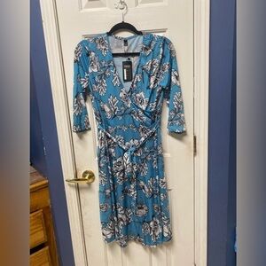 Fisoul Spring Summer Floral V-neck Belted Blue Sun Dress w/Pockets L